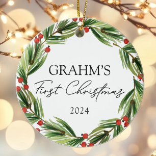 Personalised Baby First Christmas Festive Wreath Ceramic Ornament