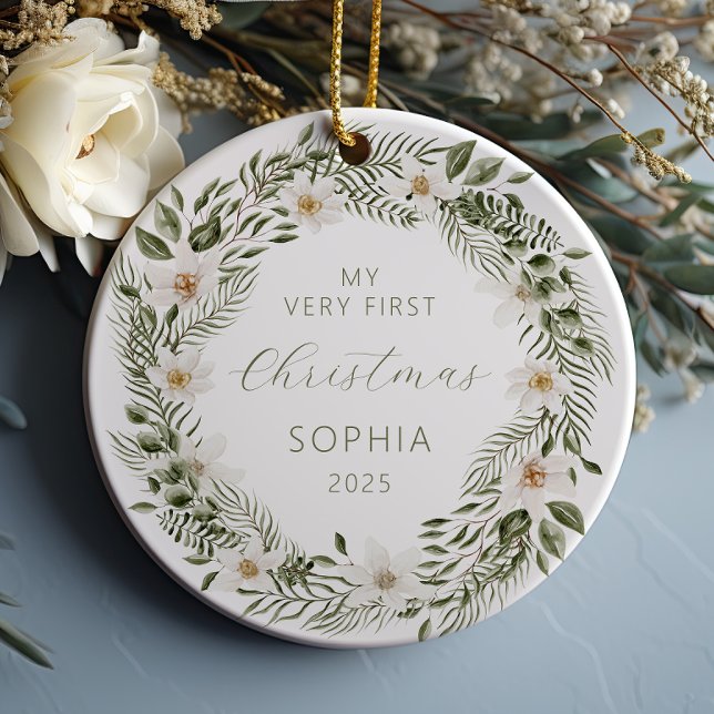 Personalised Baby First Christmas Forest Wreath Ceramic Ornament (Creator Uploaded)