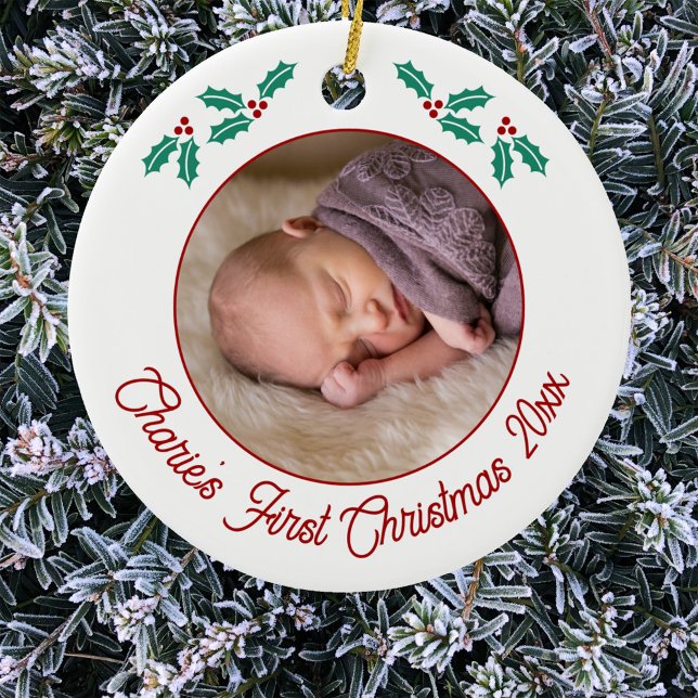 Personalised Baby First Christmas Photo Ceramic Ornament (Personalized baby name first Christmas year photo ornament)