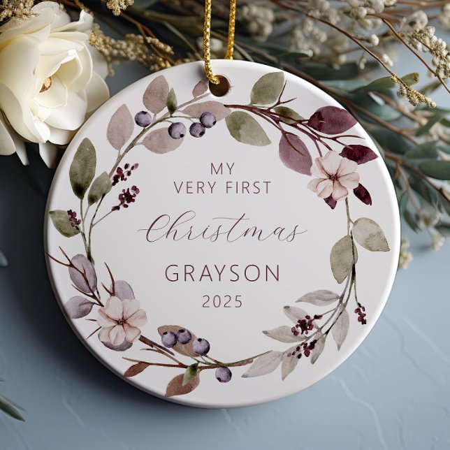 Personalised Baby First Christmas Purple Wreath Ceramic Ornament (Creator Uploaded)