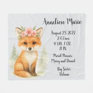 Personalised Baby Fox Birth Stats Girls' Nursery Fleece Blanket