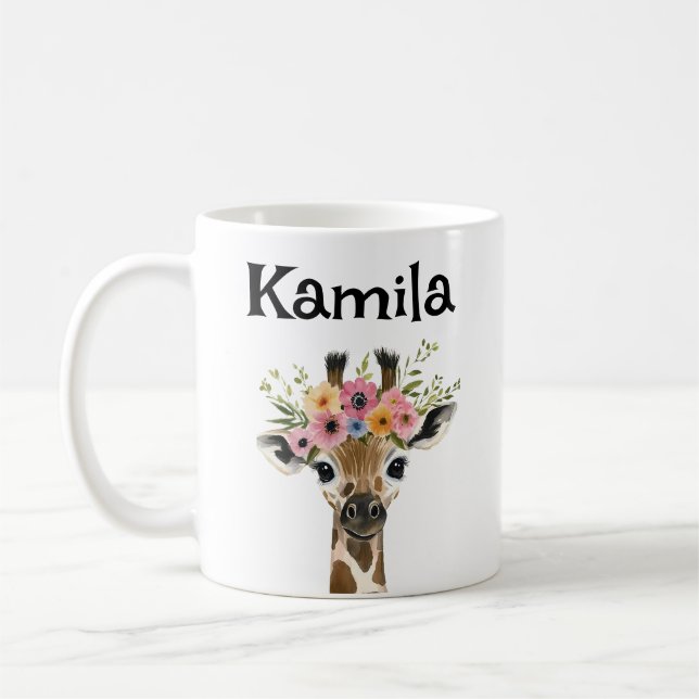 Personalised Baby Giraffe with floral Wreath Coffee Mug (Left)
