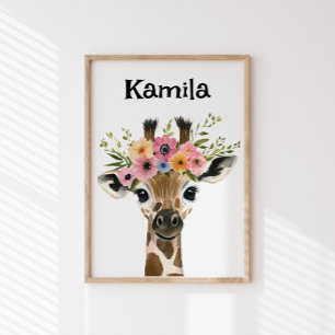 Personalised Baby Giraffe with floral Wreath Poster