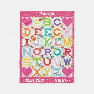 Personalised Baby Girl Alphabet Quilt Design Fleece Blanket