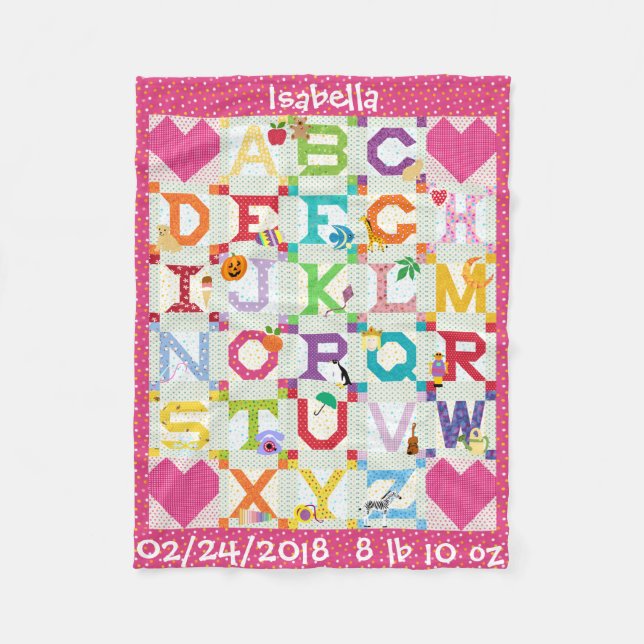 Personalised Baby Girl Alphabet Quilt Design Fleece Blanket (Front)