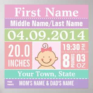 Personalised Baby Girl Birth Stats Poster