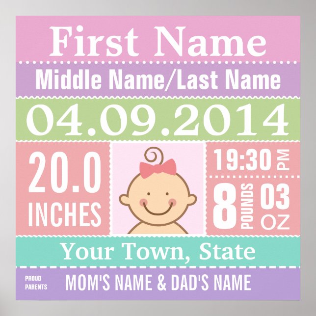 Personalised Baby Girl Birth Stats Poster (Front)