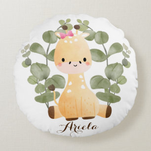 Personalised Baby Girl Giraffe Round Throw Pillow