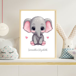 Personalised Baby Girl Nursery Pink Grey Elephant  Poster