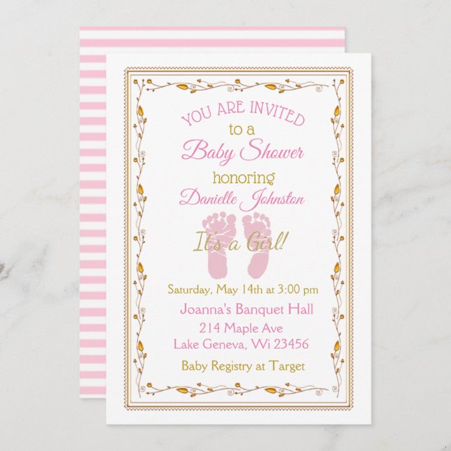 Personalised Baby Girl  Pink and Gold Baby Shower Invitation (Front/Back)