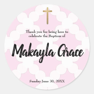 Personalised baby girl pink baptism thank you classic round sticker