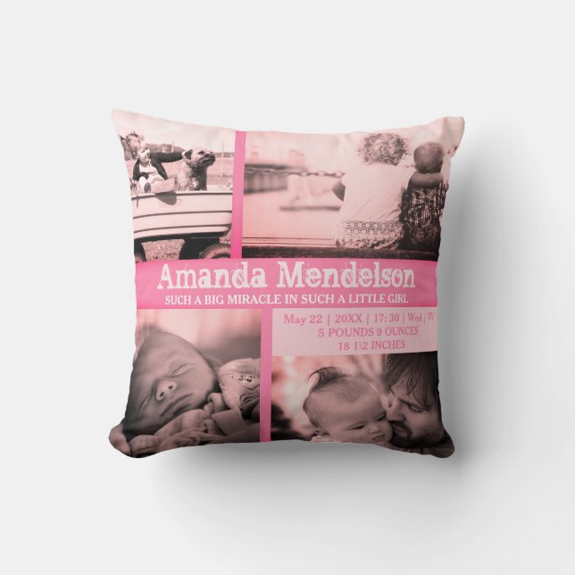 Personalised baby girl pink birth stat Cushion (Front)