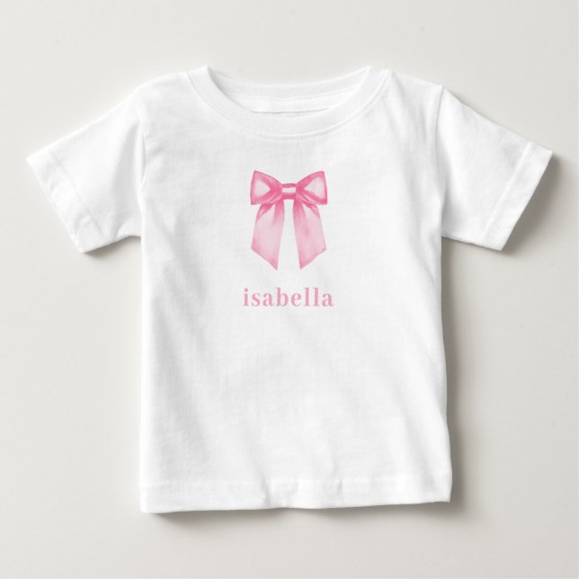 Personalised Baby Girl Pink Bow Name Baby T-Shirt (Front)
