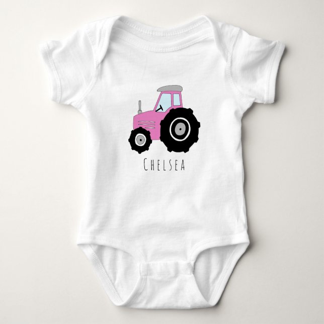 Personalised Baby Girl Pink Farm Tractor with Name Bodysuit (Front)