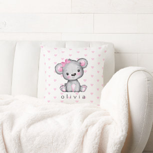 Personalised Baby Girl's Teddy Bear Pink Hearts Cushion