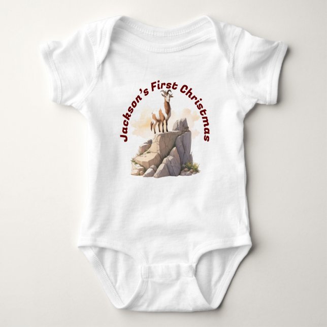 Personalised Baby Goat’s First Christmas, Woodland Baby Bodysuit (Front)