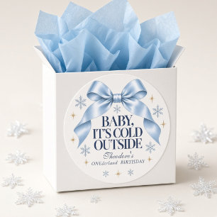 Personalised Baby It’s Cold Outside Blue Bow Classic Round Sticker
