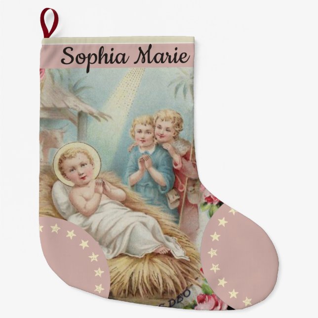 Personalised Baby Jesus in Manger Girls Large Christmas Stocking (Front)