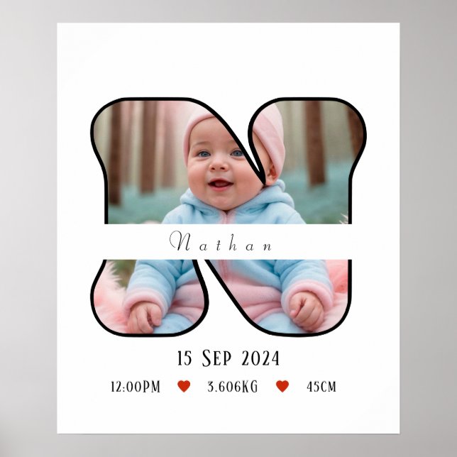 Personalised Baby Letter N With Border - Poster (Front)
