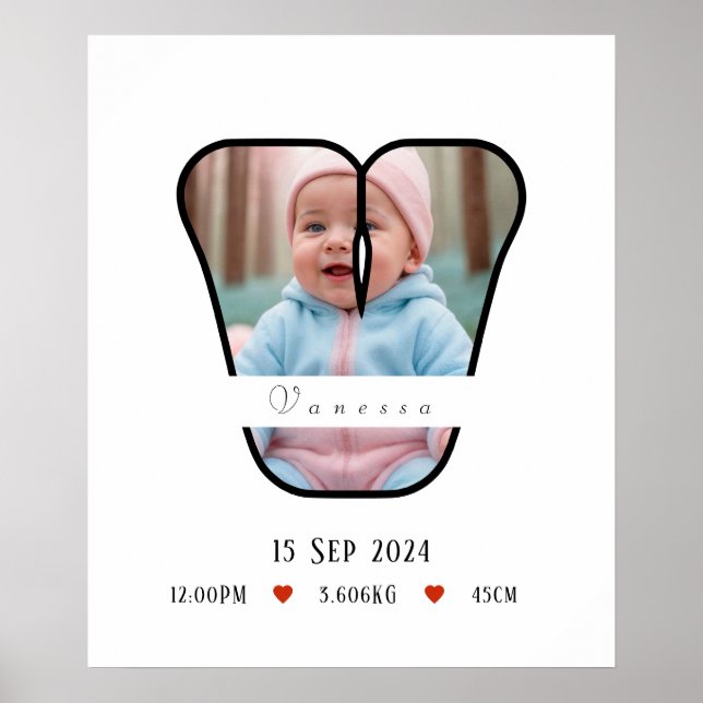 Personalised Baby Letter V With Border Poster (Front)