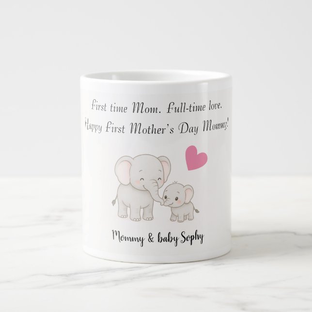 Personalised Baby & Mother Elephant with Heart -  Large Coffee Mug (Front)