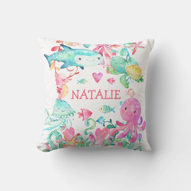 Personalised Baby Name Under the Sea Ocean Cute Cushion (Front)