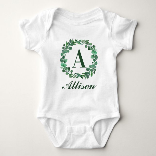 Personalised Baby Name With Eucalyptus Watercolor Bodysuit (Front)