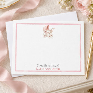 Personalised Baby Note Cards Pink Baby Carriage