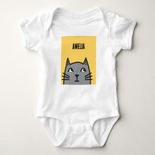 Personalised Baby One-Piece with Cute Grey Cat Baby Bodysuit