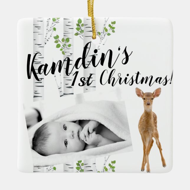 Personalised Baby Ornament Deer Doe Buck Woodland (Front)