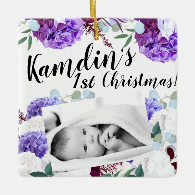 Personalised Baby Ornament Lavender Hibiscus on Wh (Front)