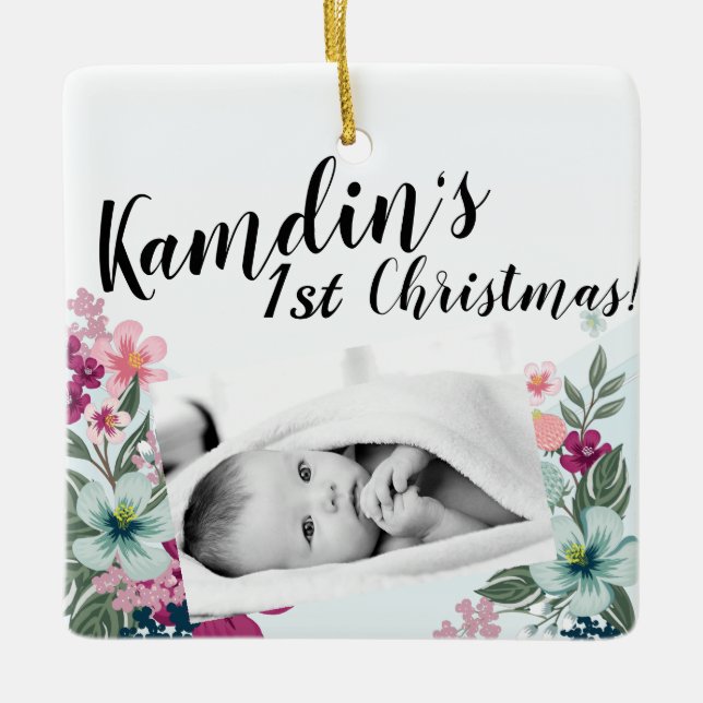 Personalised Baby Ornament Tropical Flowers on Blu (Front)