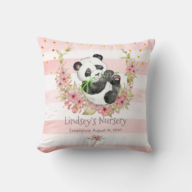 Personalised Baby Panda Pink Floral Nursery  Cushion (Front)