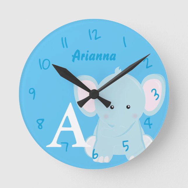 Personalised Baby Pastel Blue Elephant Round Clock (Front)