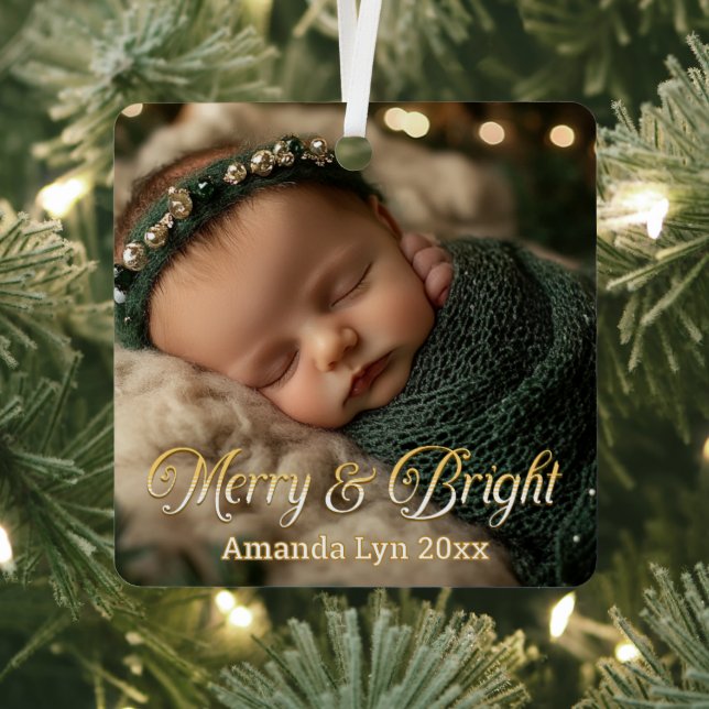 Personalised Baby Photo Merry & Bright Metal Tree Decoration (Insitu)