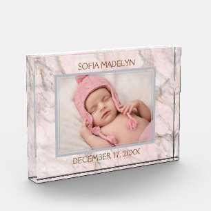 Personalised Baby Photo On Light Pink Marble Block