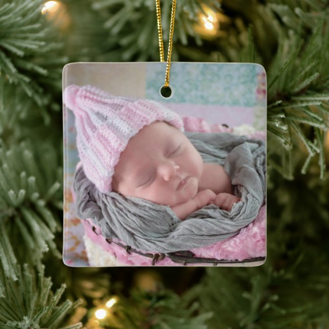 Personalised Baby Photo Pink Snowflake  Ceramic Ornament (Tree)