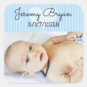 Personalised Baby Photo Stickers Blue Heart Stripe