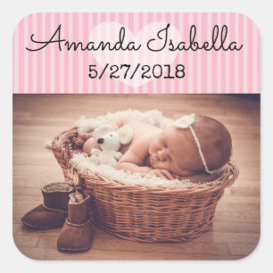 Personalised Baby Photo Stickers Pink Heart Stripe