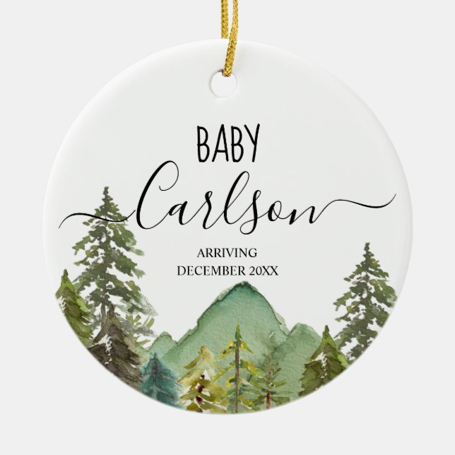 Personalised Baby Reveal Pregnancy Mountain Ceramic Ornament (Front)