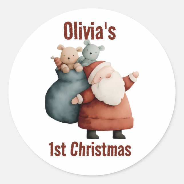 Personalised Baby’s 1st Christmas Santa Classic Round Sticker (Front)