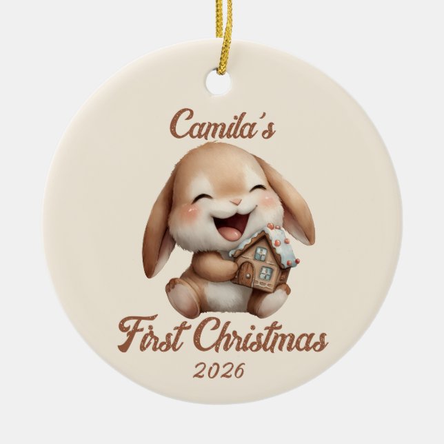 Personalised Baby’s First Christmas Bunny Ceramic Ornament (Front)