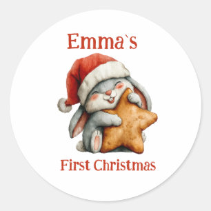 Personalised Baby’s First Christmas Bunny Classic Round Sticker