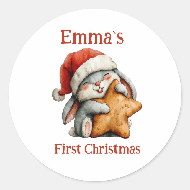 Personalised Baby’s First Christmas Bunny Classic Round Sticker (Front)