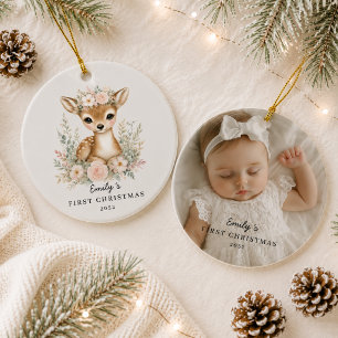 Personalised Baby’s First Christmas Photo 1 Fawn  Ceramic Ornament