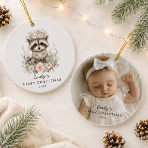 Personalised Baby’s First Christmas Photo Racoon Ceramic Ornament