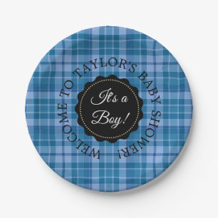 Personalised Baby Shower Blue Plaid Paper Plates