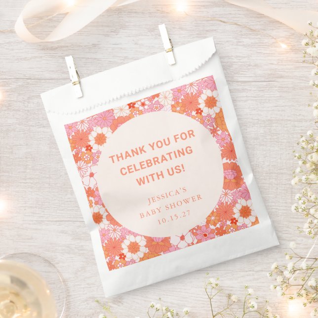 Personalised Baby Shower Coral Blush Floral Retro Favour Bag (Clipped)