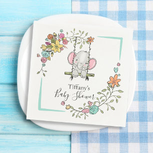 Personalised Baby Shower Cute Elephant Boy Floral Napkin