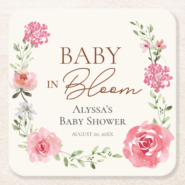 Personalised Baby shower favour Baby in bloom Square Paper Coaster (Front)